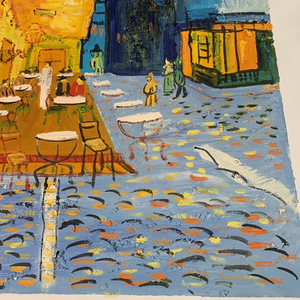 Vibrant cafe street scene.  Original oil painting.  20 x 24. Canvas 23.5 x 27 - Picture 6 of 6